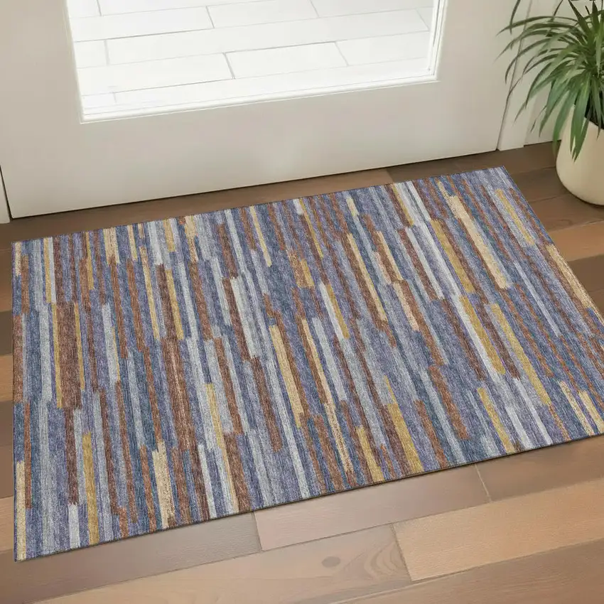 Blue Gold And Brown Abstract Washable Area Rug With UV Protection Photo 1
