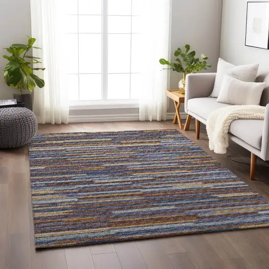 Blue Gold And Brown Abstract Washable Area Rug With UV Protection Photo 4