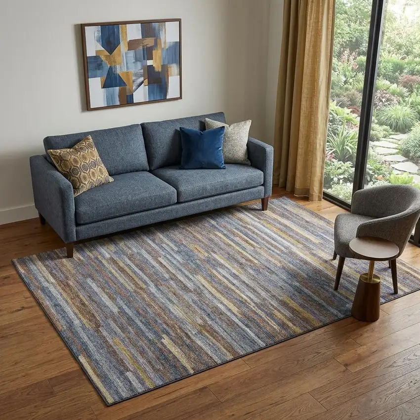 Blue Gold And Brown Abstract Washable Area Rug With UV Protection Photo 1