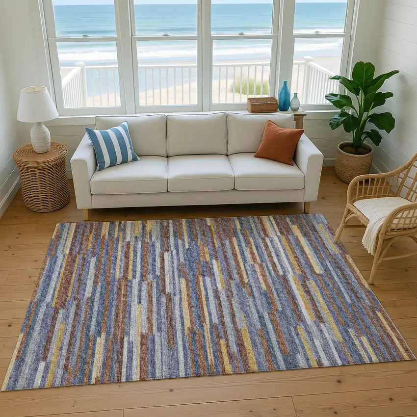 Blue Gold And Brown Abstract Washable Area Rug With UV Protection Photo 5