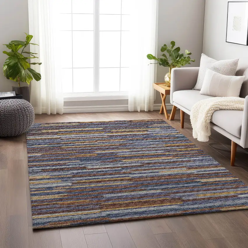 Blue Gold And Brown Abstract Washable Area Rug With UV Protection Photo 4