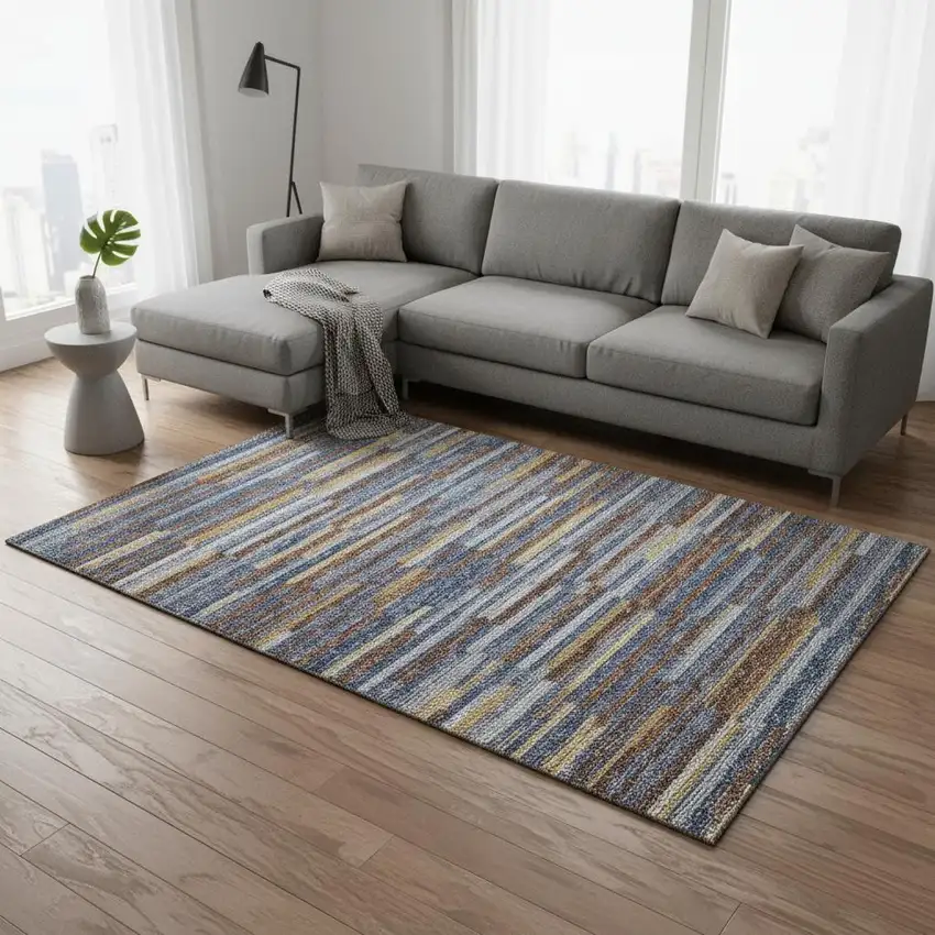 Blue Gold And Brown Abstract Washable Area Rug With UV Protection Photo 1