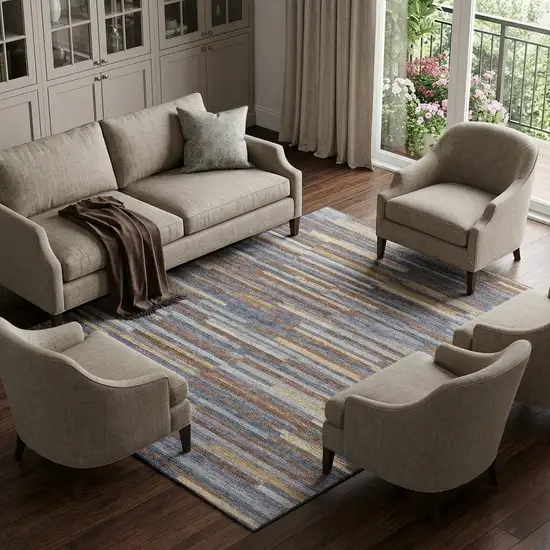 Blue Gold And Brown Abstract Washable Area Rug With UV Protection Photo 1