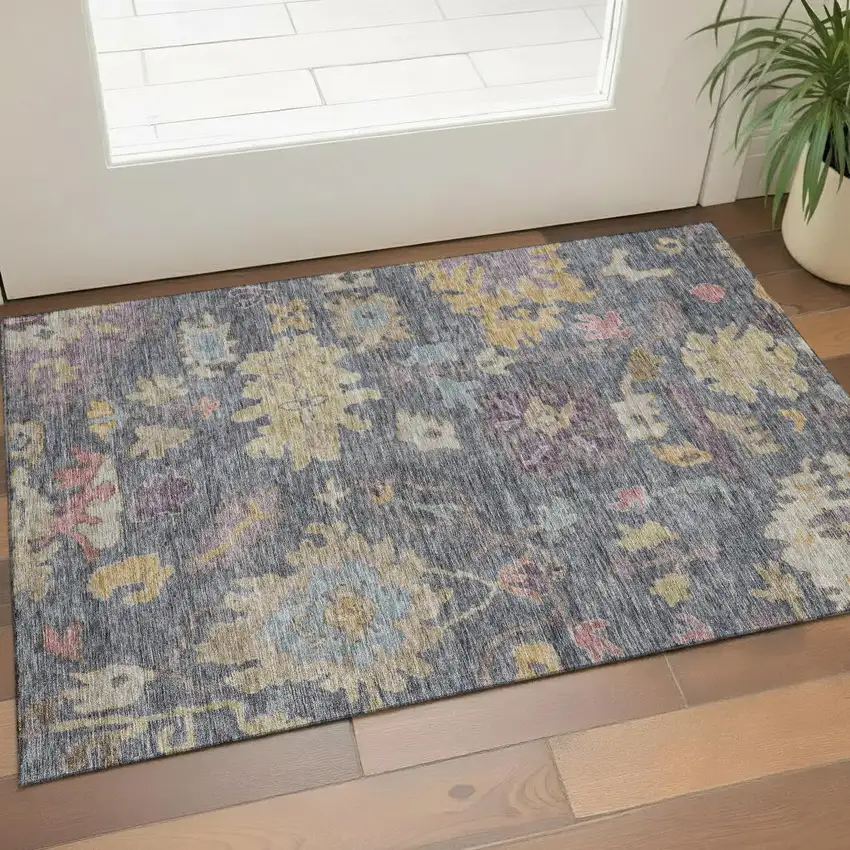 Blue Gold And Coral Floral Washable Area Rug With UV Protection Photo 1