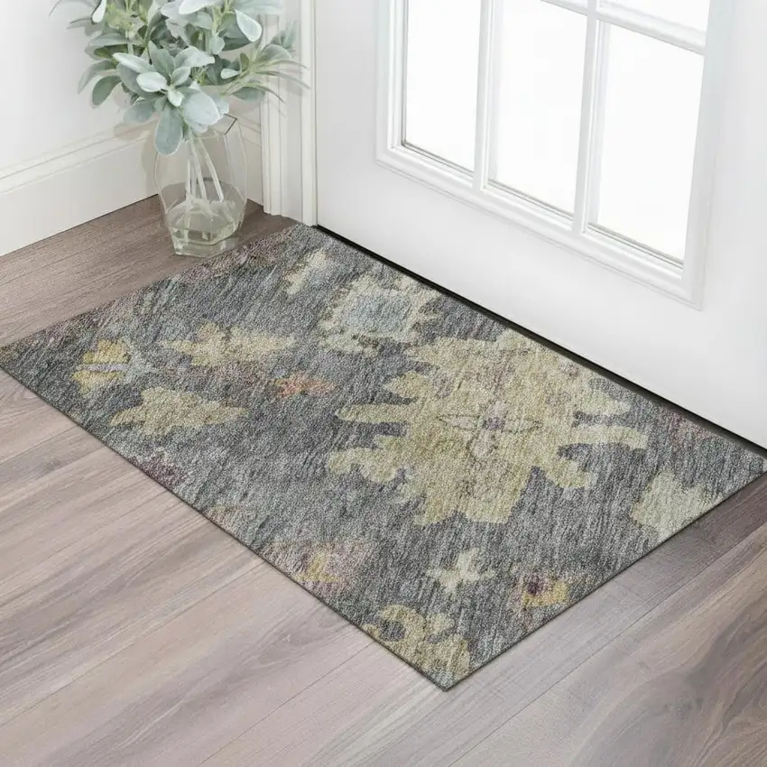 Blue Gold And Coral Floral Washable Area Rug With UV Protection Photo 2