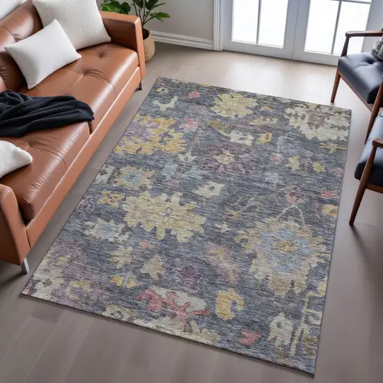 Blue Gold And Coral Floral Washable Area Rug With UV Protection Photo 4