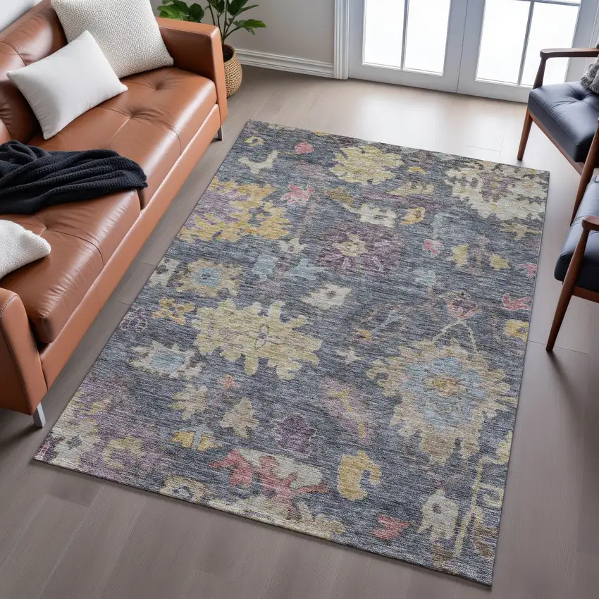 Blue Gold And Coral Floral Washable Area Rug With UV Protection Photo 4