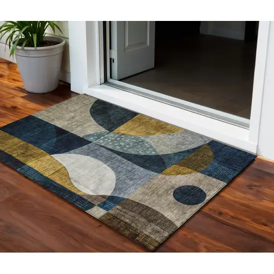 Blue Gold And Gray Abstract Washable Indoor Outdoor Area Rug Photo 1