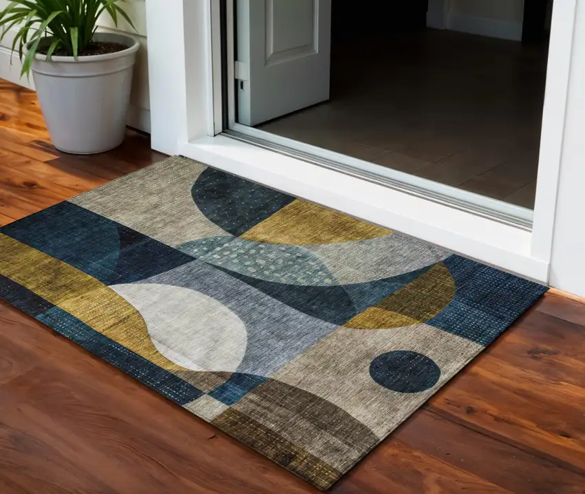 Blue Gold And Gray Abstract Washable Indoor Outdoor Area Rug Photo 1