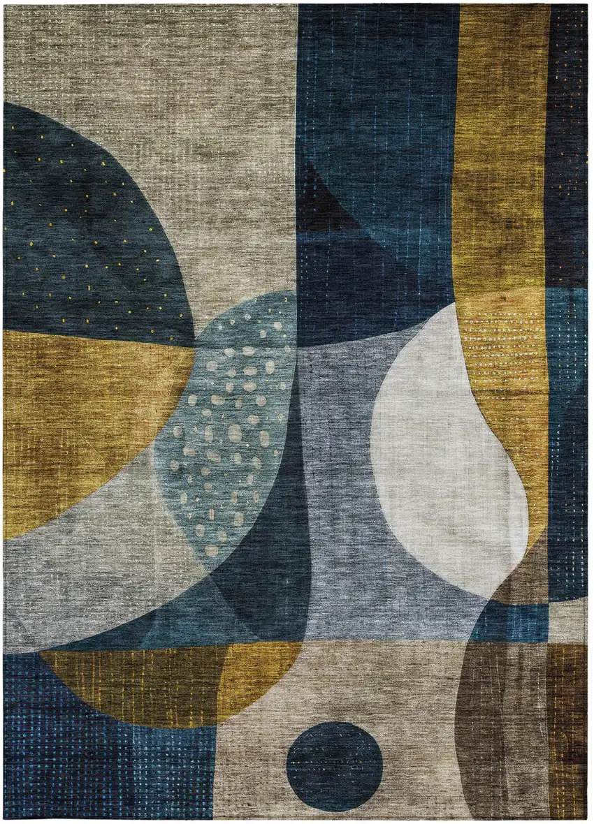Blue Gold And Gray Abstract Washable Indoor Outdoor Area Rug Photo 7