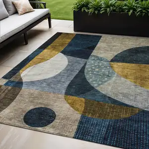 Photo of Blue Gold And Gray Abstract Washable Indoor Outdoor Area Rug