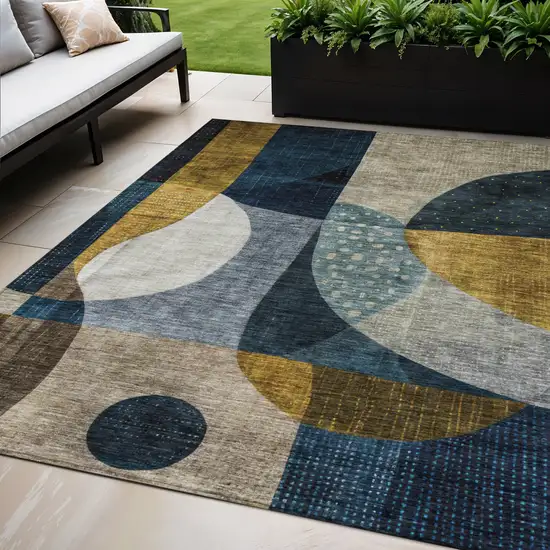 Blue Gold And Gray Abstract Washable Indoor Outdoor Area Rug Photo 1