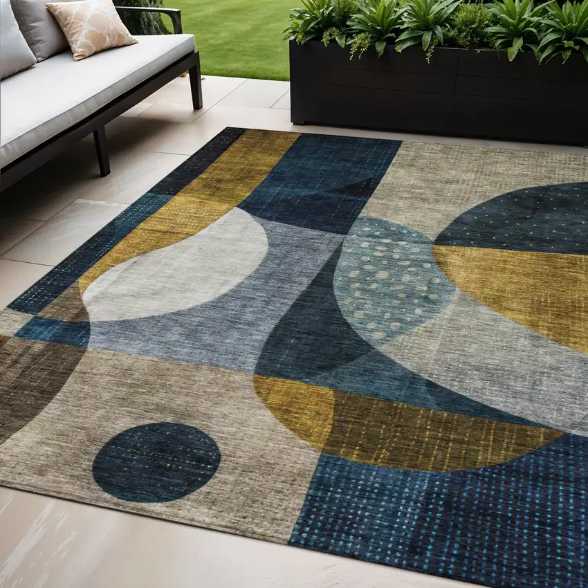 Blue Gold And Gray Abstract Washable Indoor Outdoor Area Rug Photo 1