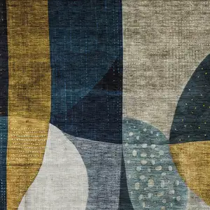 Photo of Blue Gold And Gray Abstract Washable Indoor Outdoor Area Rug