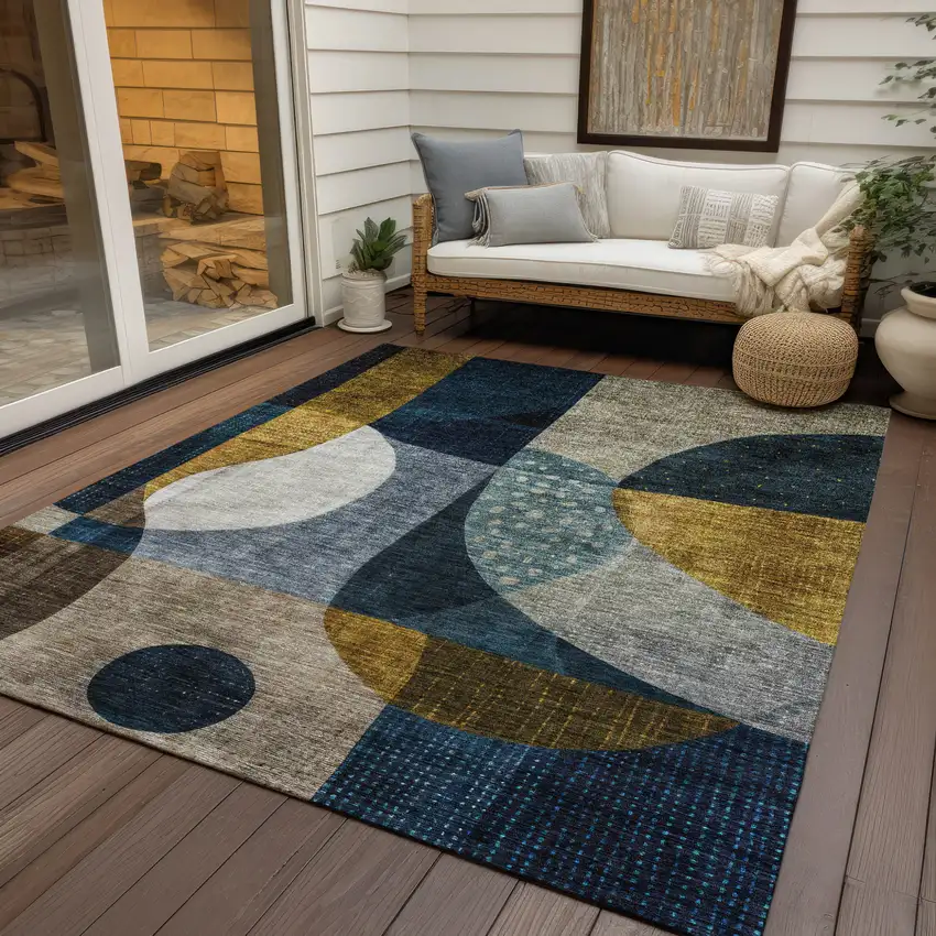 Blue Gold And Gray Abstract Washable Indoor Outdoor Area Rug Photo 8