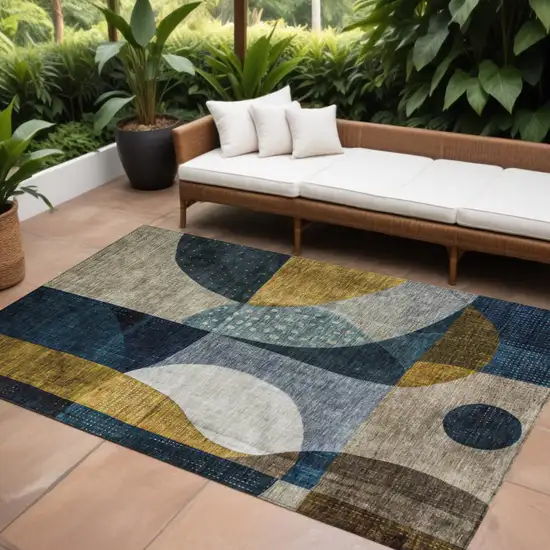 Blue Gold And Gray Abstract Washable Indoor Outdoor Area Rug Photo 1