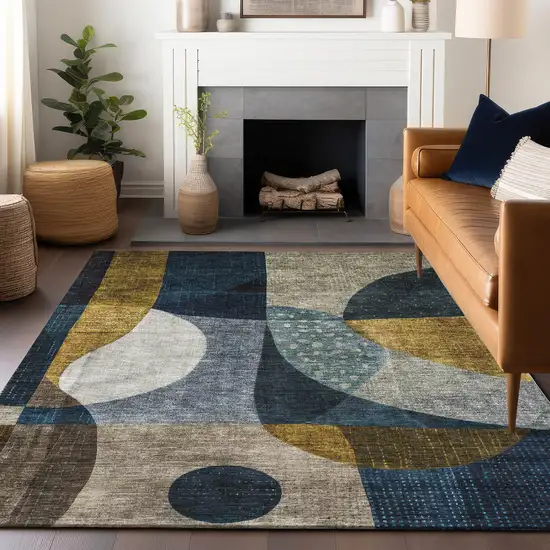 Blue Gold And Gray Abstract Washable Indoor Outdoor Area Rug Photo 9