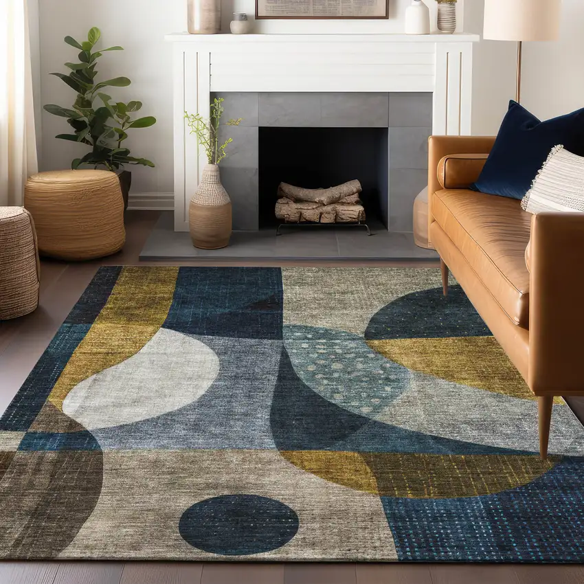 Blue Gold And Gray Abstract Washable Indoor Outdoor Area Rug Photo 9