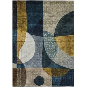 Photo of Blue Gold And Gray Abstract Washable Indoor Outdoor Area Rug