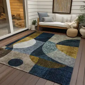 Photo of Blue Gold And Gray Abstract Washable Indoor Outdoor Area Rug