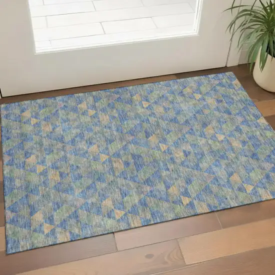 Blue Gold And Gray Geometric Washable Area Rug With UV Protection Photo 1