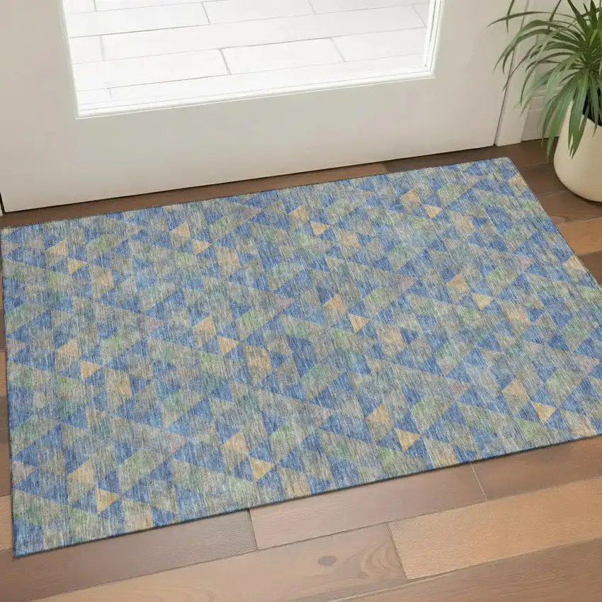 Blue Gold And Gray Geometric Washable Area Rug With UV Protection Photo 1