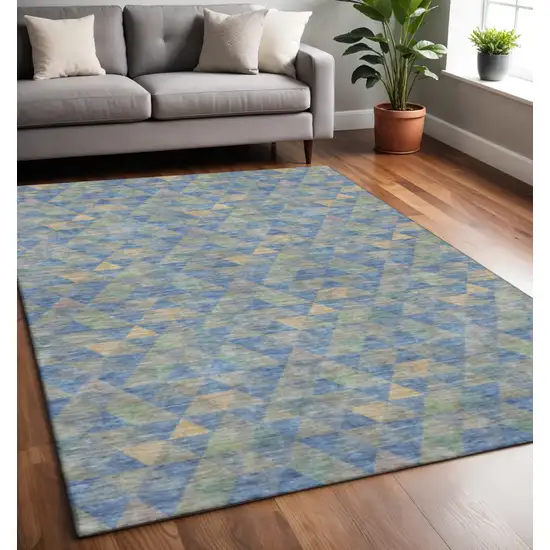 Blue Gold And Gray Geometric Washable Area Rug With UV Protection Photo 2