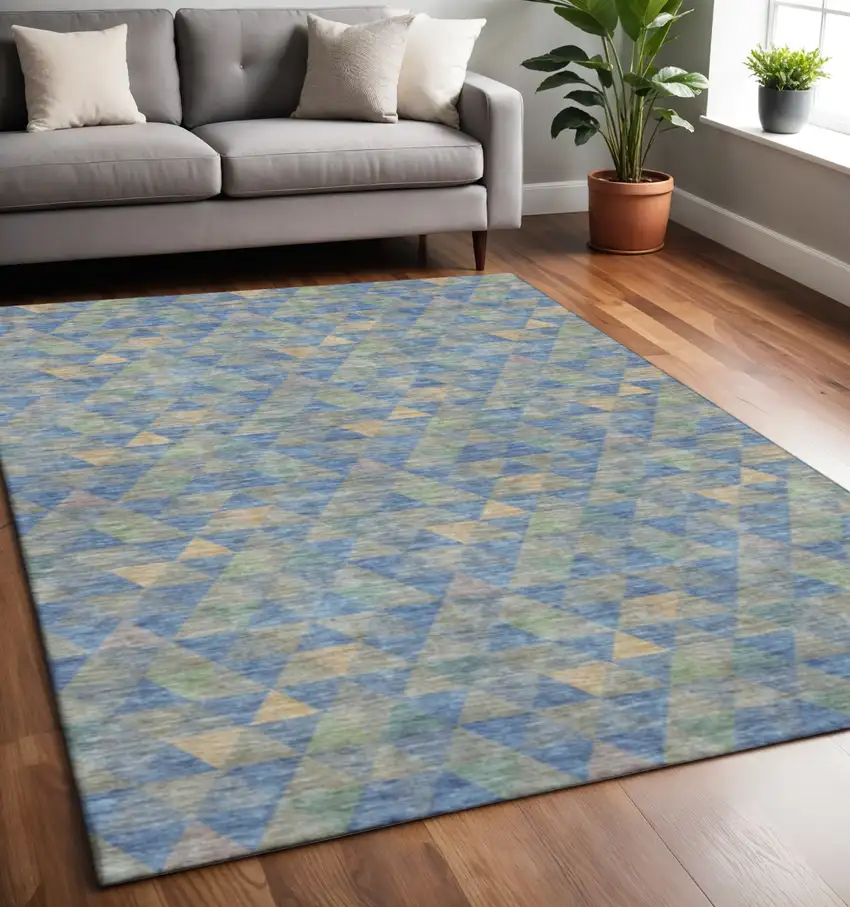 Blue Gold And Gray Geometric Washable Area Rug With UV Protection Photo 2