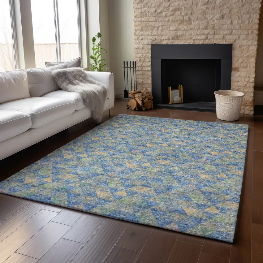 Blue Gold And Gray Geometric Washable Area Rug With UV Protection Photo 4