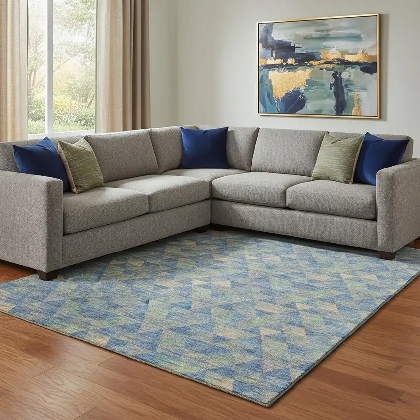 Blue Gold And Gray Geometric Washable Area Rug With UV Protection Photo 1