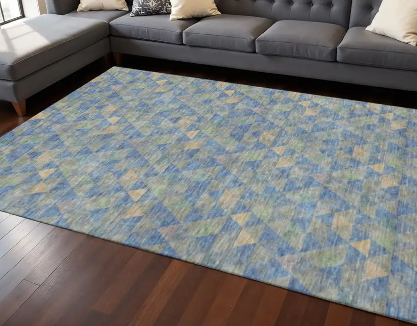 Blue Gold And Gray Geometric Washable Area Rug With UV Protection Photo 2
