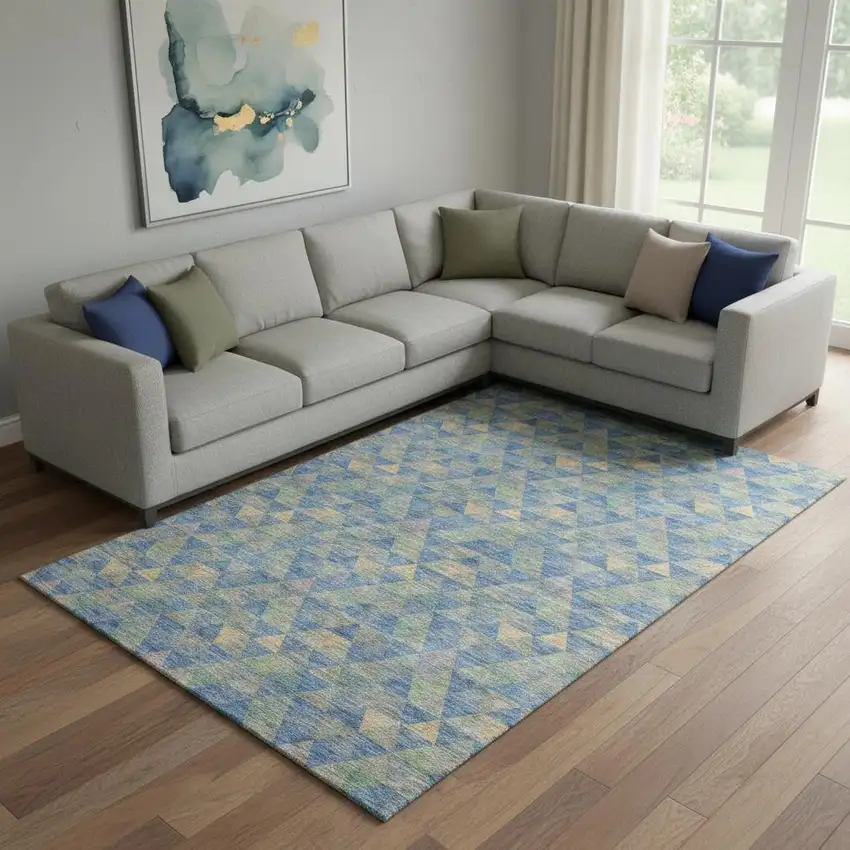 Blue Gold And Gray Geometric Washable Area Rug With UV Protection Photo 1