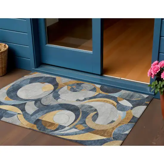 Blue Gold And Gray Geometric Washable Indoor Outdoor Area Rug Photo 2