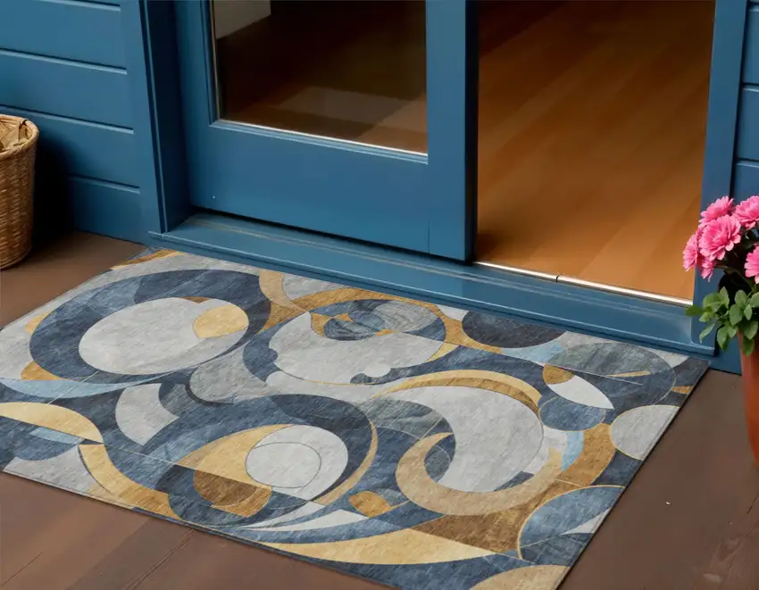 Blue Gold And Gray Geometric Washable Indoor Outdoor Area Rug Photo 2