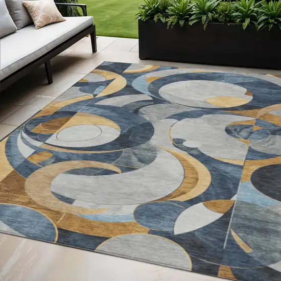 Blue Gold And Gray Geometric Washable Indoor Outdoor Area Rug Photo 2