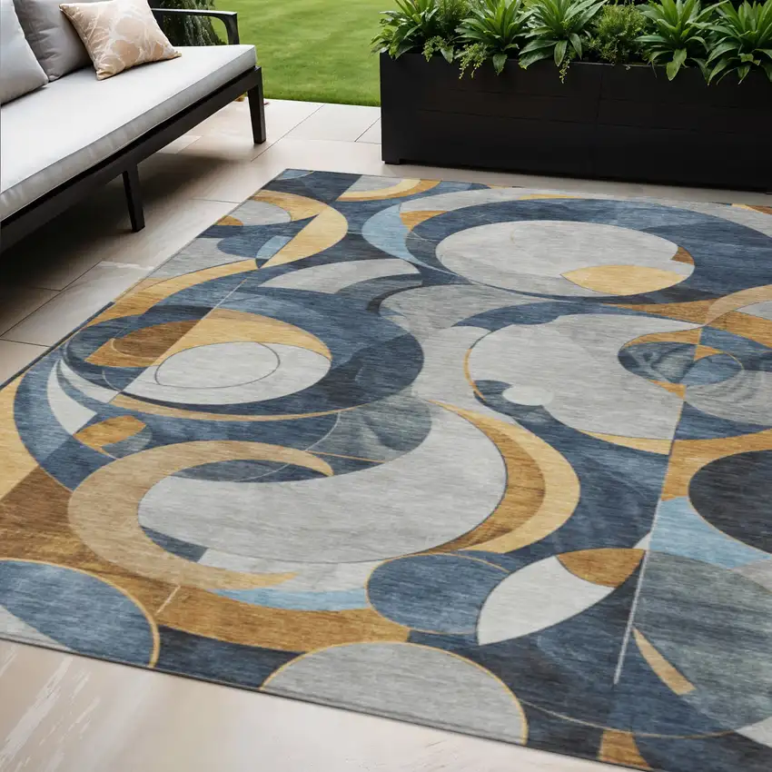 Blue Gold And Gray Geometric Washable Indoor Outdoor Area Rug Photo 2