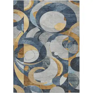 Photo of Blue Gold And Gray Geometric Washable Indoor Outdoor Area Rug