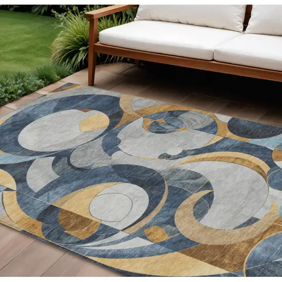 Blue Gold And Gray Geometric Washable Indoor Outdoor Area Rug Photo 2