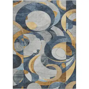 Photo of Blue Gold And Gray Geometric Washable Indoor Outdoor Area Rug