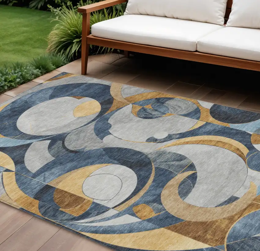 Blue Gold And Gray Geometric Washable Indoor Outdoor Area Rug Photo 2