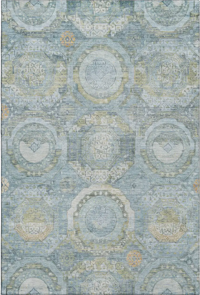 Blue Gold And Gray Mosaic Washable Area Rug With UV Protection Photo 1