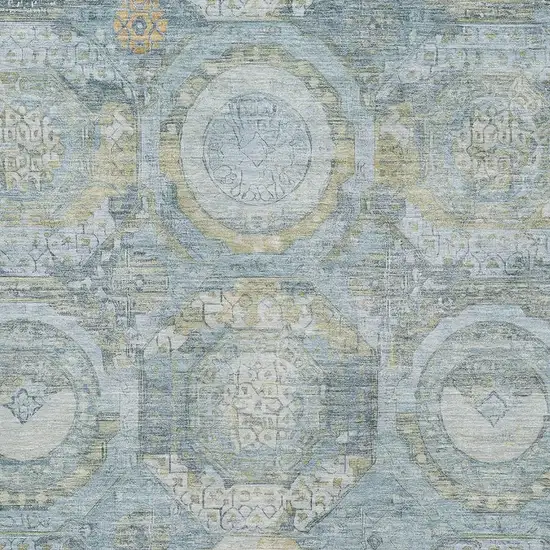 Blue Gold And Gray Mosaic Washable Area Rug With UV Protection Photo 2