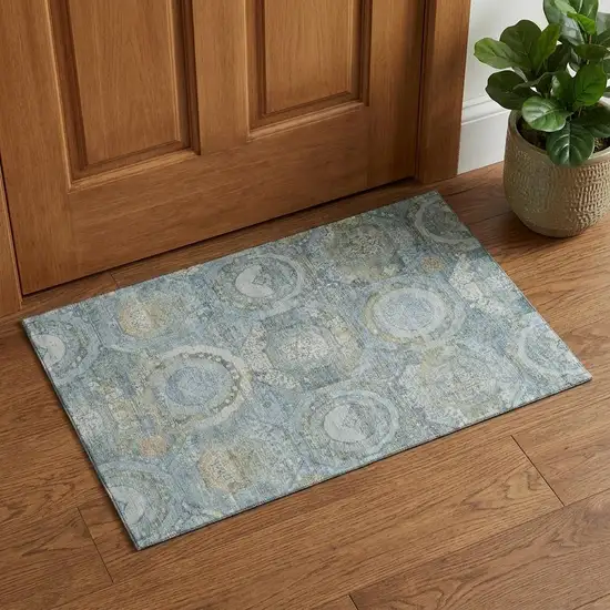 Blue Gold And Gray Mosaic Washable Area Rug With UV Protection Photo 1