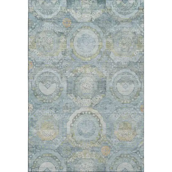 Blue Gold And Gray Mosaic Washable Area Rug With UV Protection Photo 1