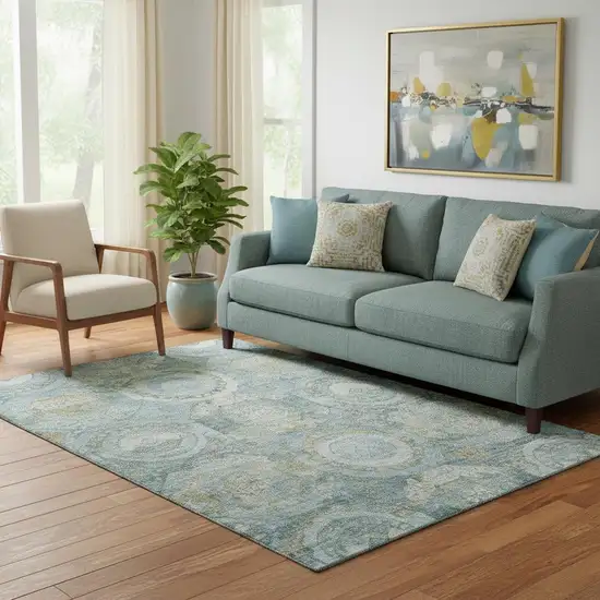 Blue Gold And Gray Mosaic Washable Area Rug With UV Protection Photo 2