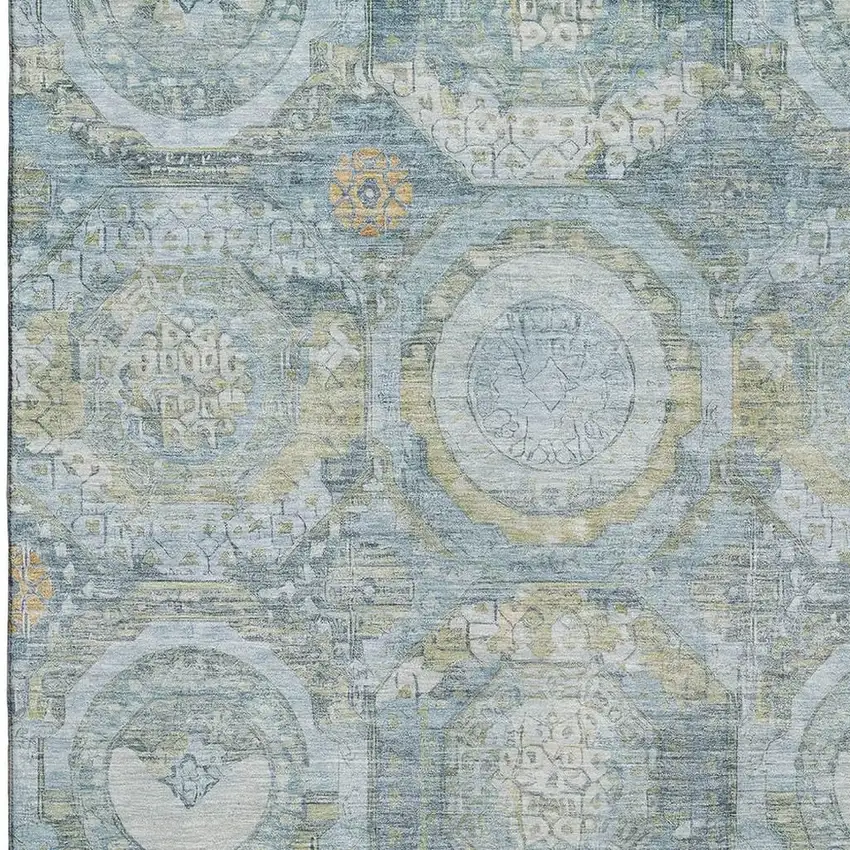 Blue Gold And Gray Mosaic Washable Area Rug With UV Protection Photo 2