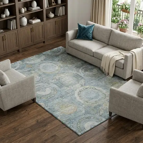 Blue Gold And Gray Mosaic Washable Area Rug With UV Protection Photo 1