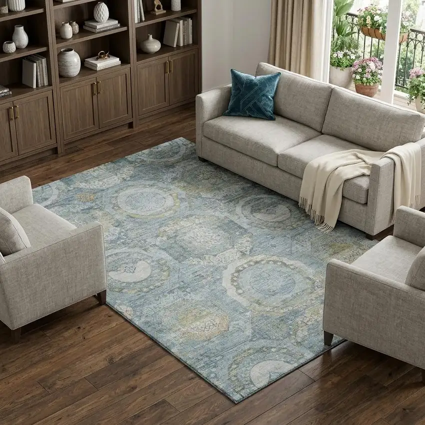 Blue Gold And Gray Mosaic Washable Area Rug With UV Protection Photo 1
