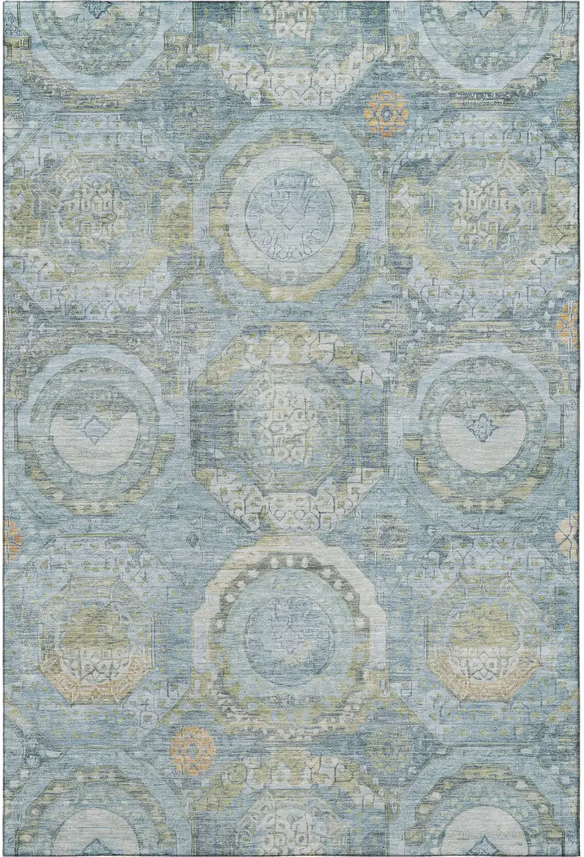 Blue Gold And Gray Mosaic Washable Area Rug With UV Protection Photo 2