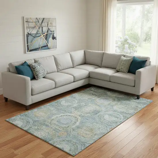 Blue Gold And Gray Mosaic Washable Area Rug With UV Protection Photo 2